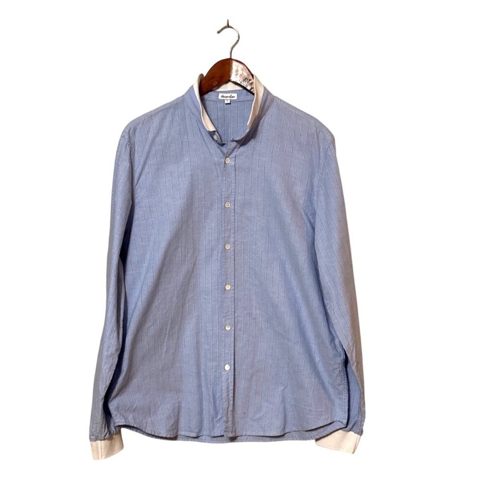 Steven‎ Alan Mens Blue Pinstripe Button-Up Shirt White Ribbed Collar & Cuffs L